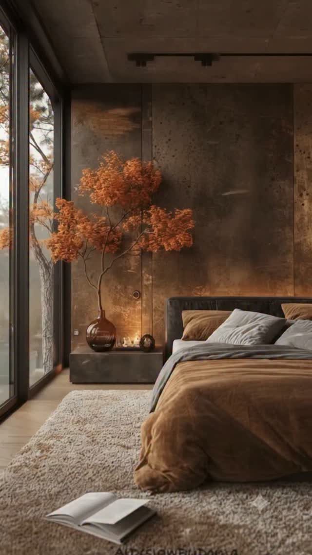 Industrial bedroom with concrete walls, brown bedding, and orange autumn leaves in a vase.