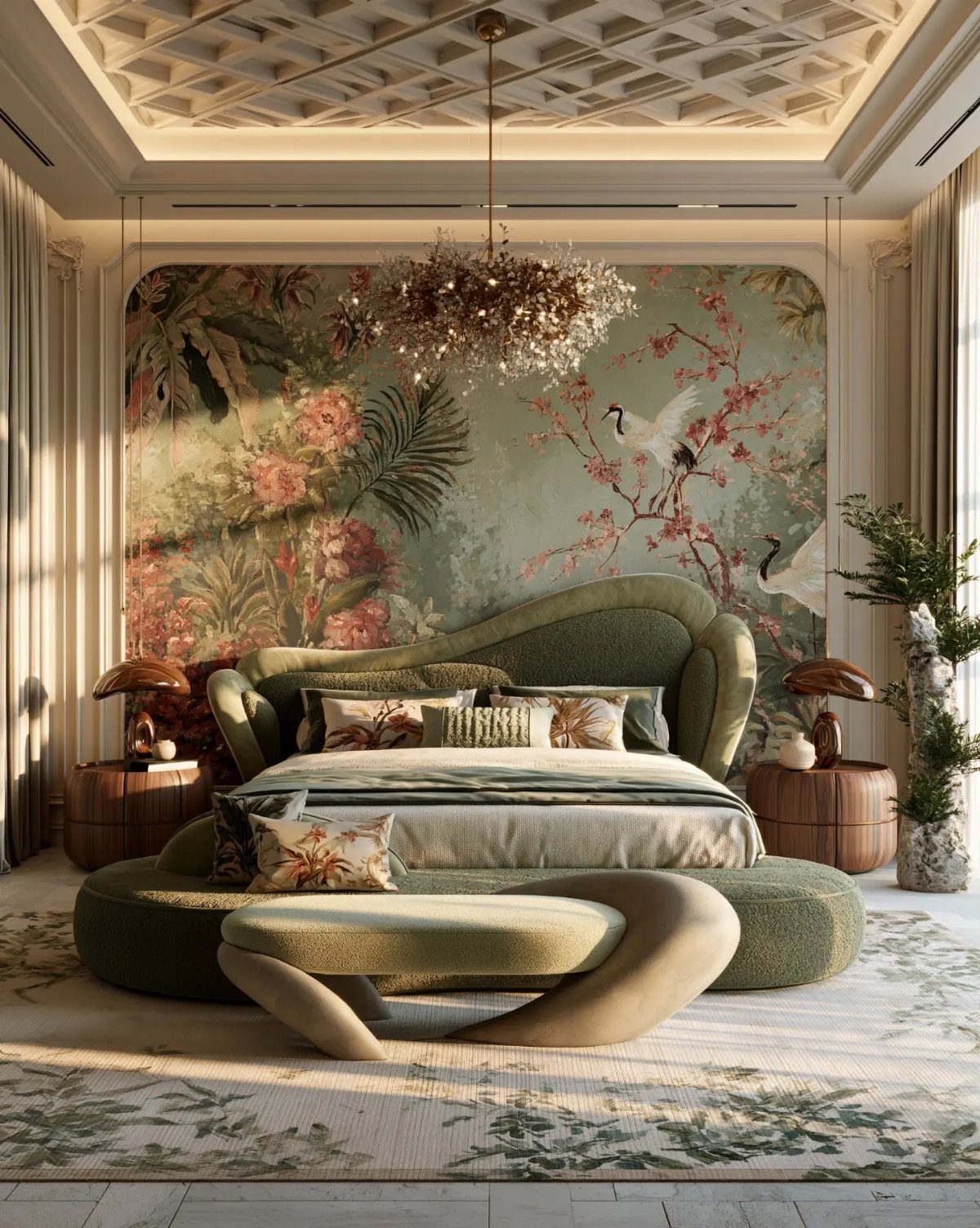 Luxurious bedroom with a green curved bed and a large nature mural wall.