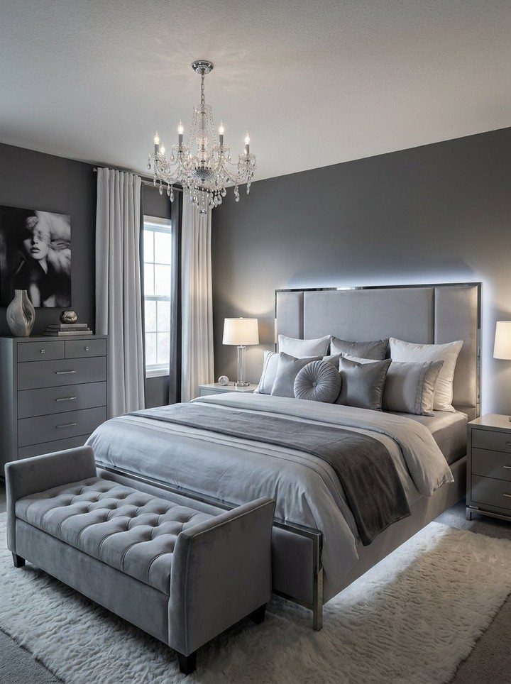 Luxurious bedroom with tonal silvery-gray walls, bedding, and a crystal chandelier.