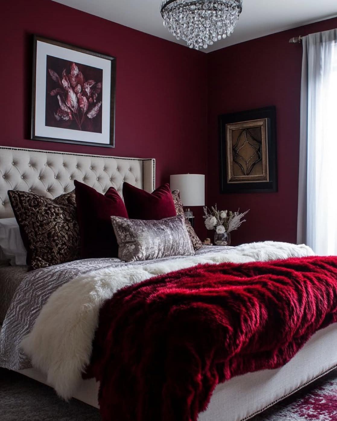 Bedroom with deep red walls, red velvet pillows, and a red faux-fur throw blanket.