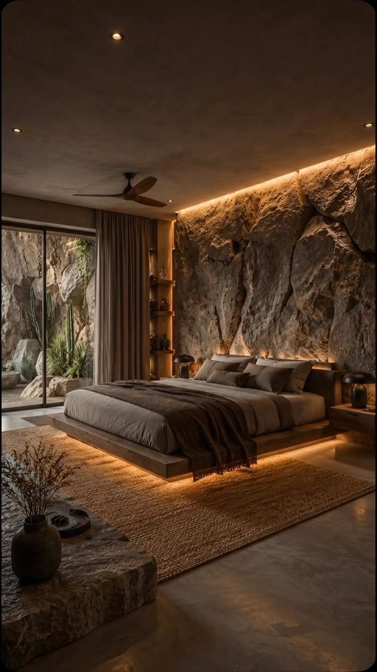 Platform bed in a luxury bedroom with a natural stone wall and cove lighting