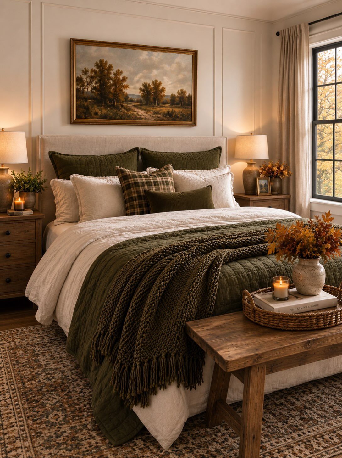 Luxury bedroom with olive green bedding, wooden bench, and a patterned area rug.
