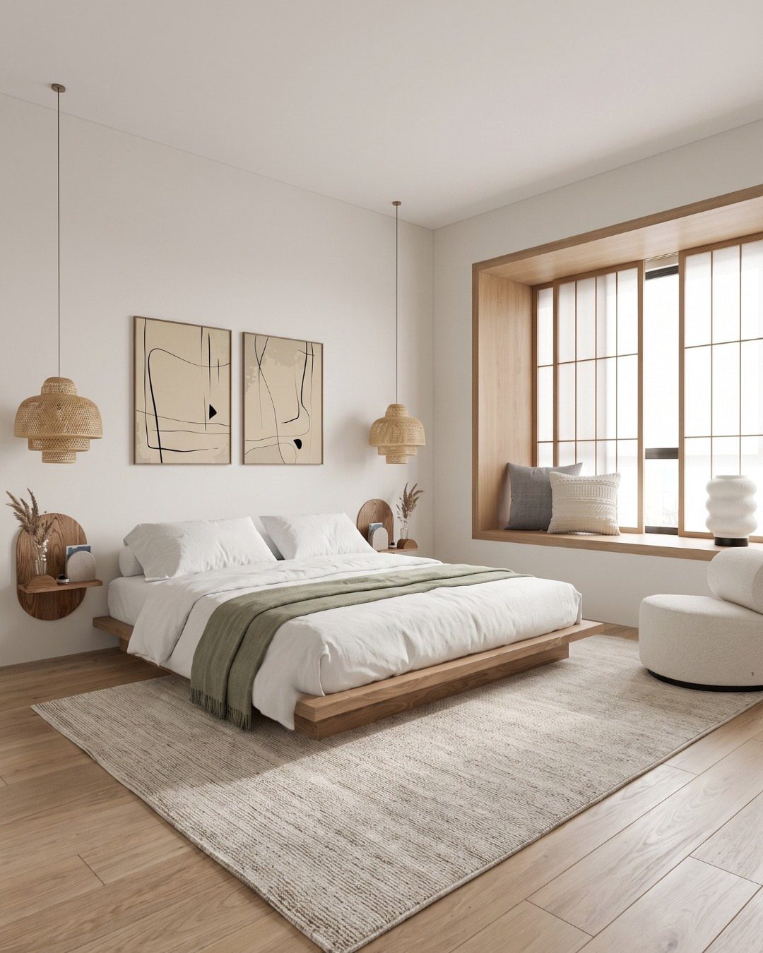 Low wooden platform bed in a minimalist bedroom with woven pendant lights and rug