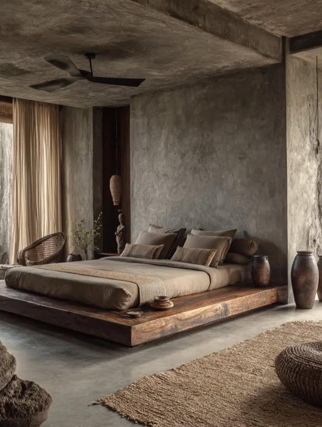 Wooden platform bed in a room with grey concrete walls and floors.