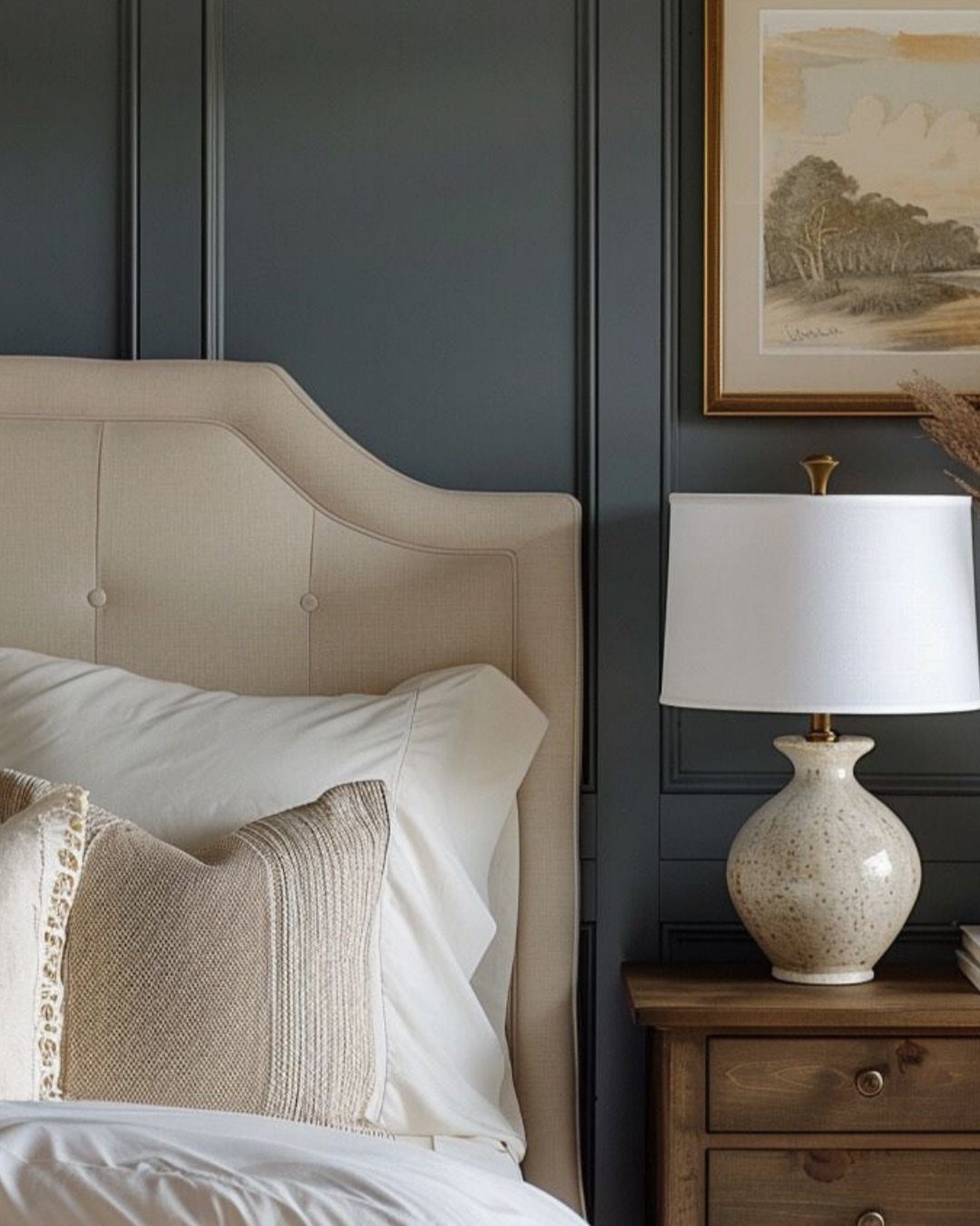 Dark navy blue paneled bedroom wall with beige headboard and white lamp.