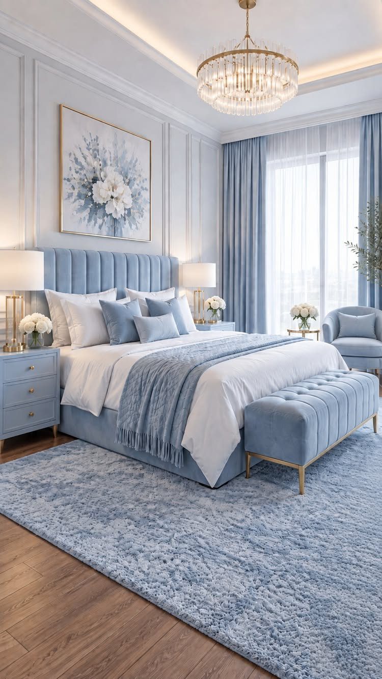 Pale blue bedroom with velvet furniture, white bedding, and a crystal chandelier.