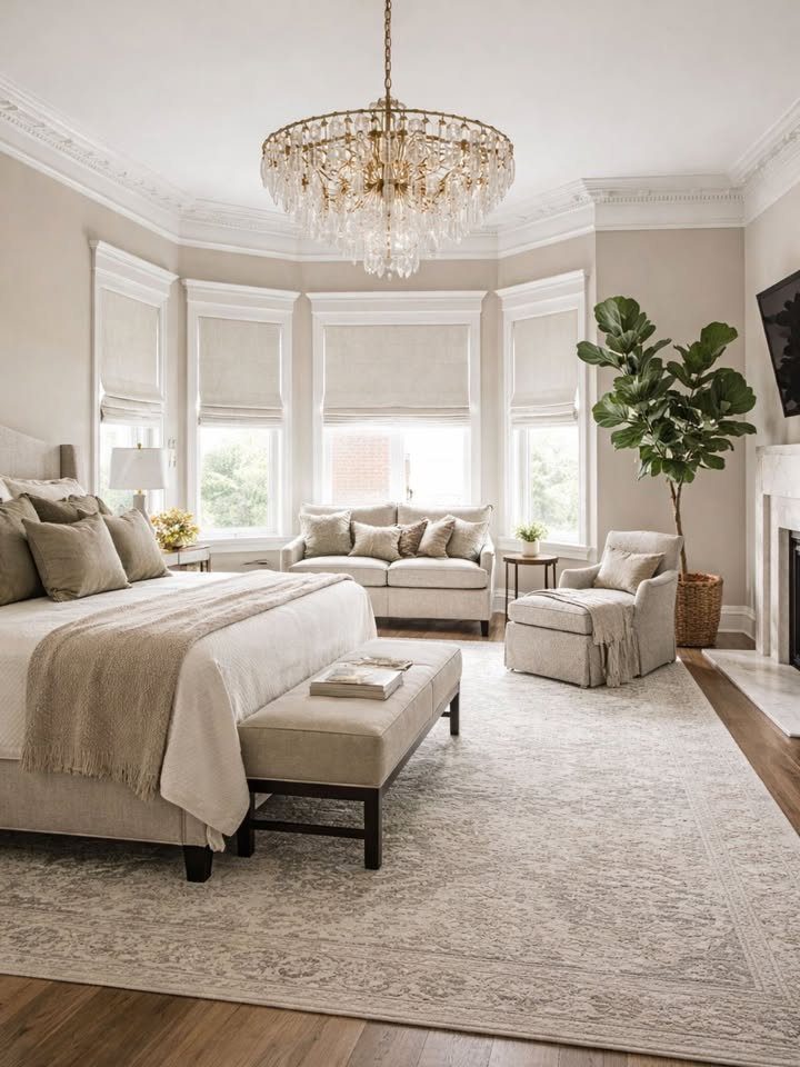 Luxurious bedroom with a large bed and a bright bay window with shades.