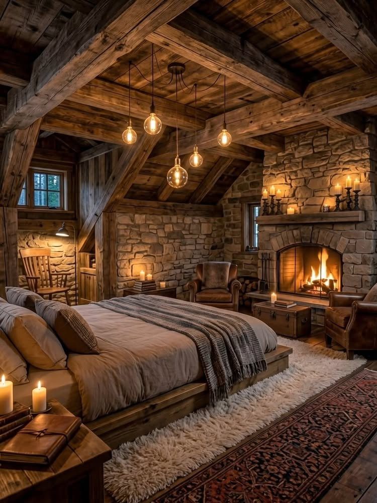 Rustic bedroom with vaulted wood beam ceilings, stone walls, and a glowing fireplace.