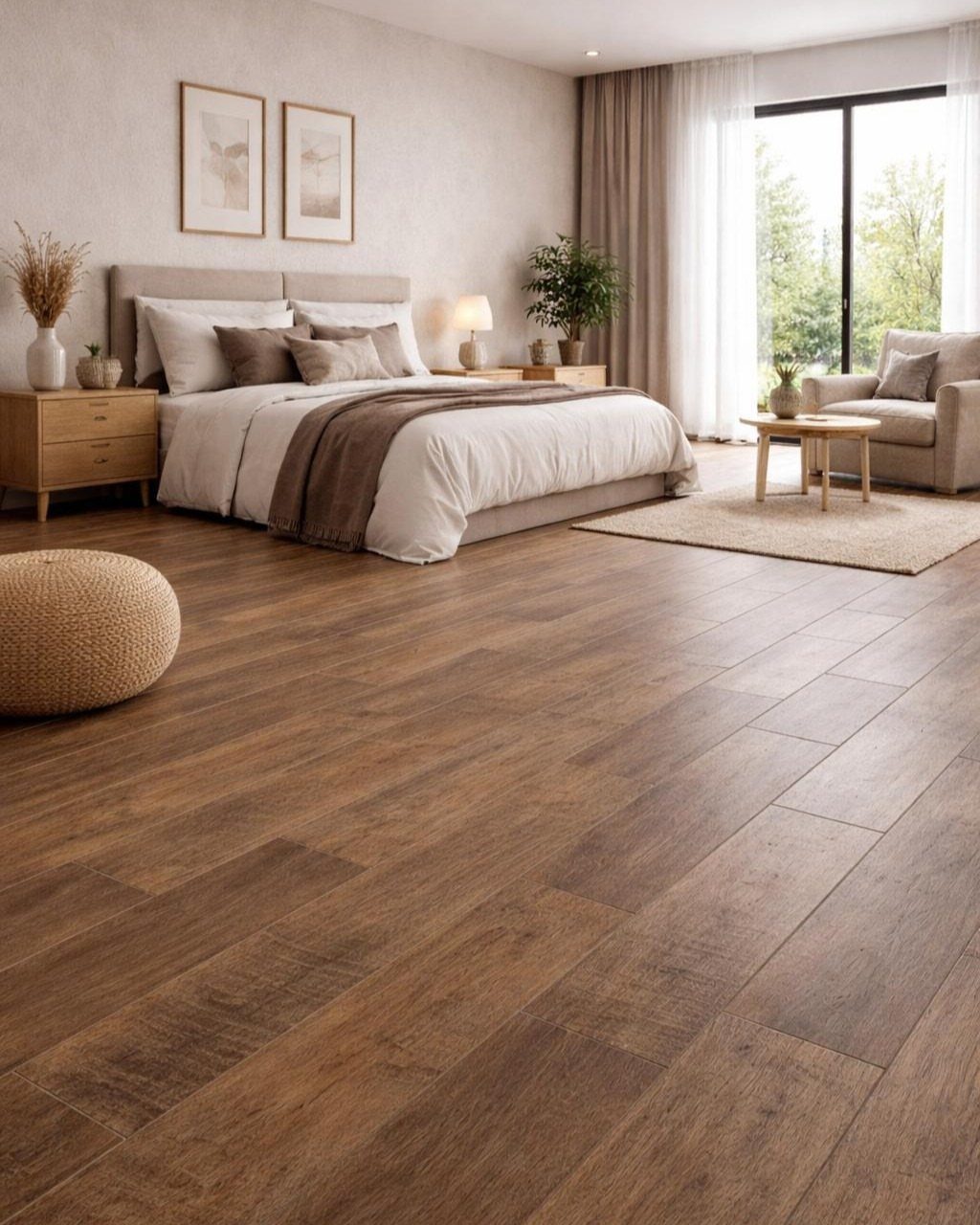 Brown wooden plank flooring in a bedroom with a small beige area rug.