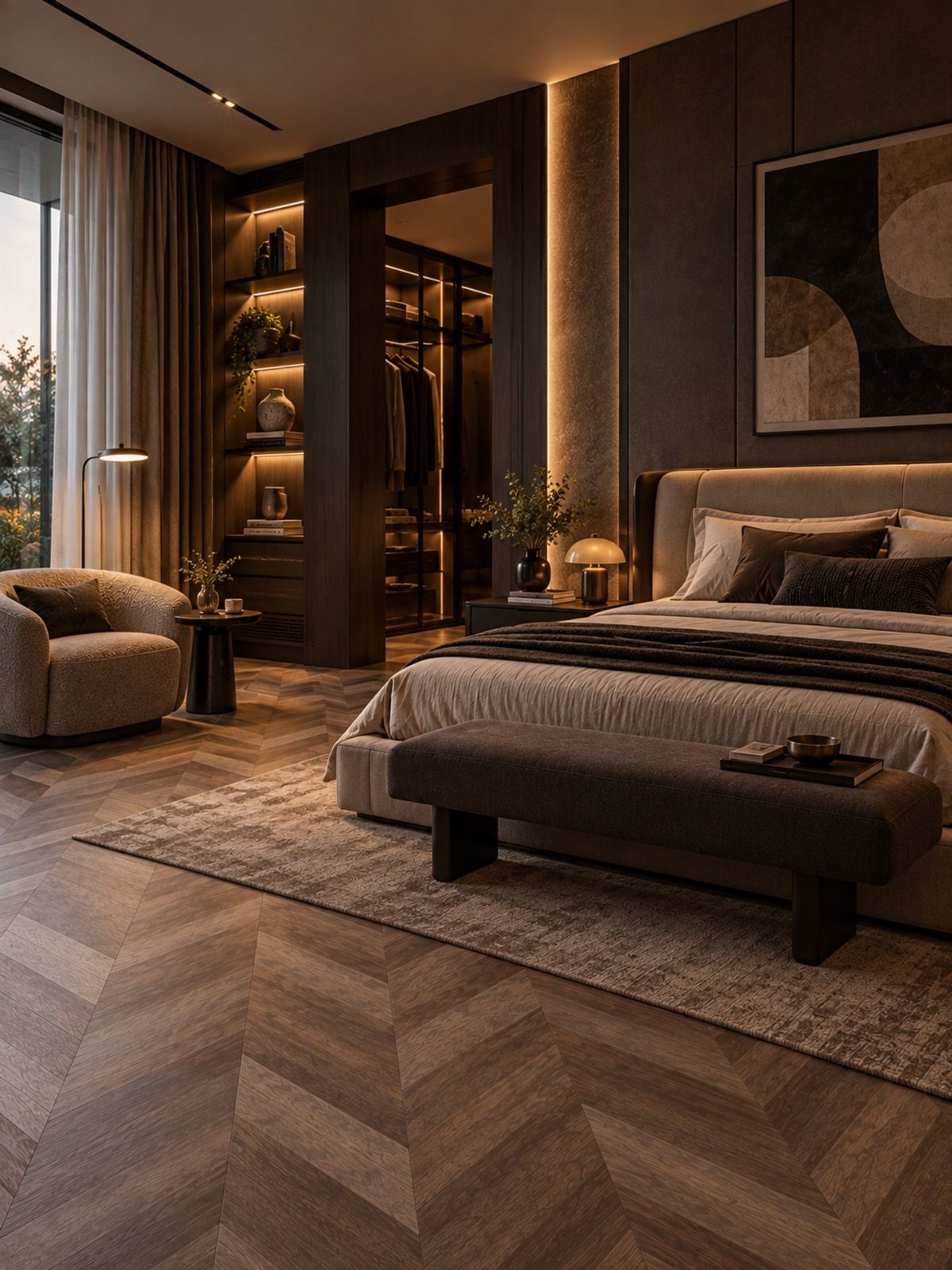 Modern bedroom with dark wood walls and chevron patterned wooden flooring