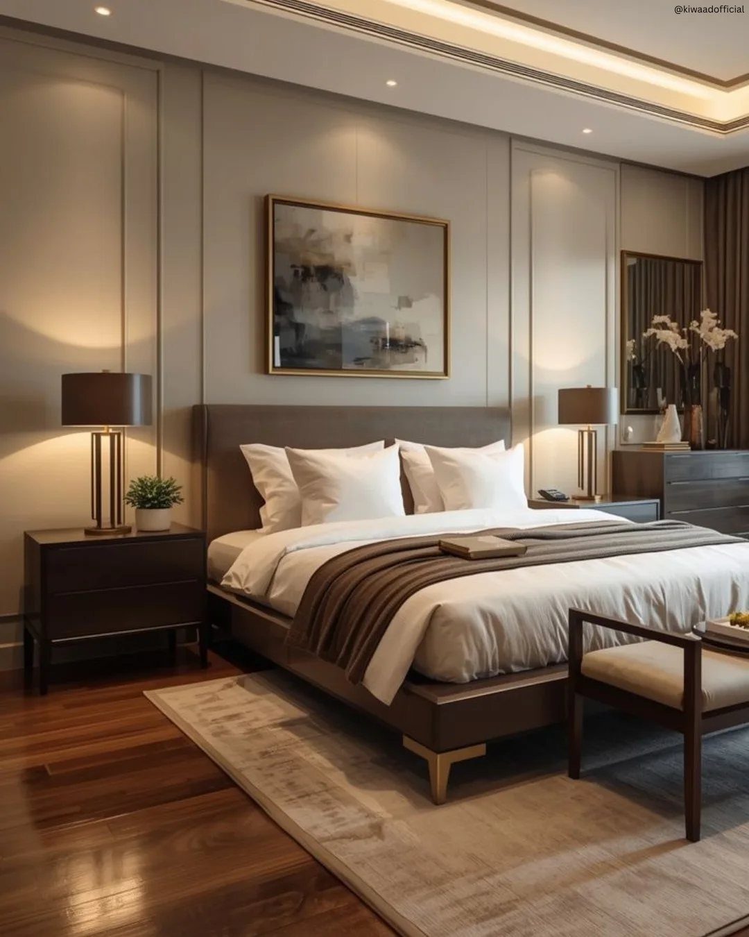 Modern bedroom with a large bed and polished dark wooden flooring
