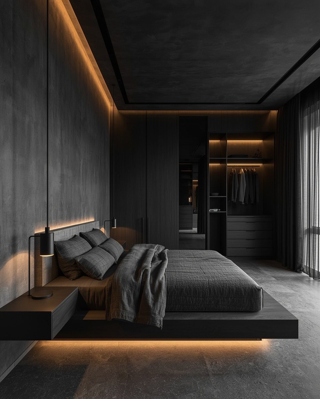 Modern bedroom with dark grey walls, platform bed, and warm orange accent lighting.