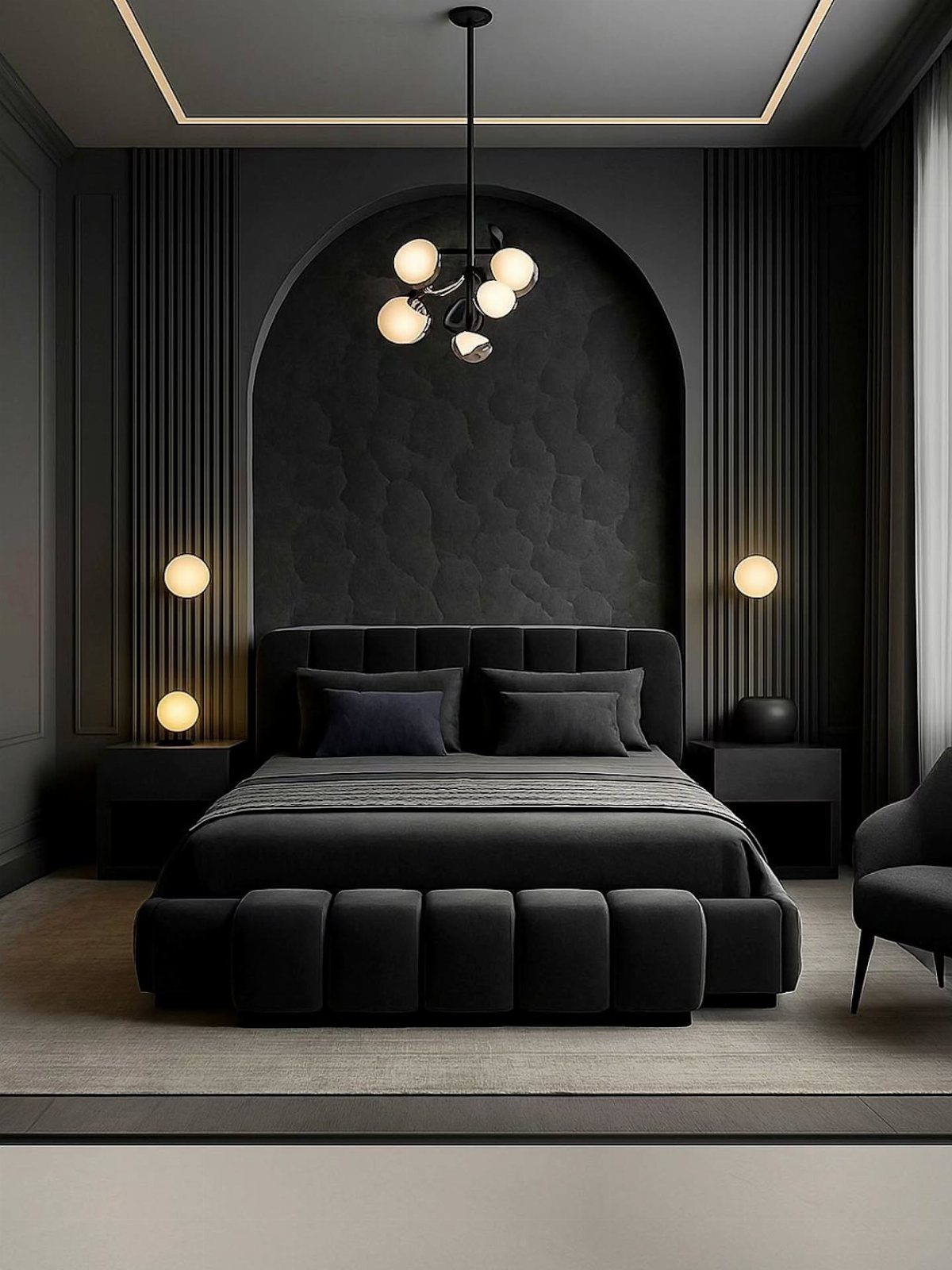 Black upholstered bed against a textured black accent wall with modern spherical lighting
