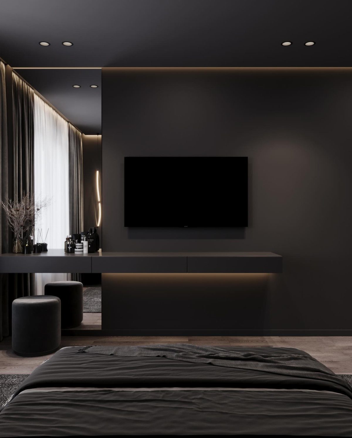 Dark charcoal grey accent wall in a modern bedroom with a wall-mounted TV.