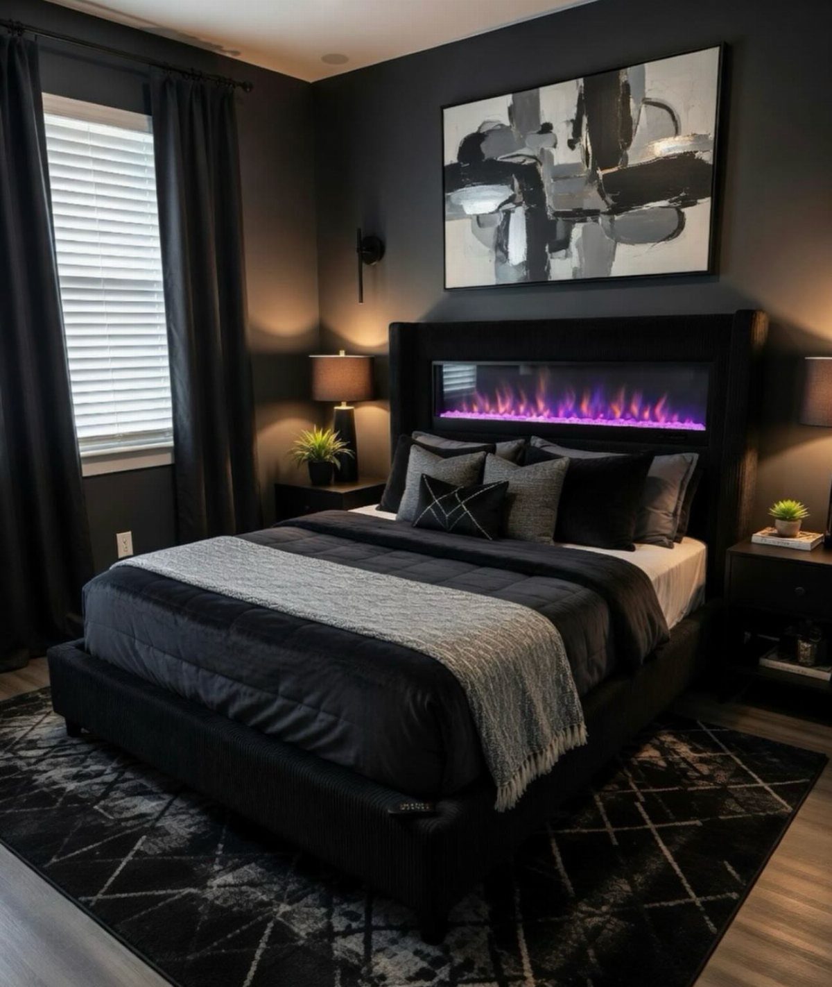 Dark charcoal grey bedroom with black bed, purple lighting, and patterned rug.
