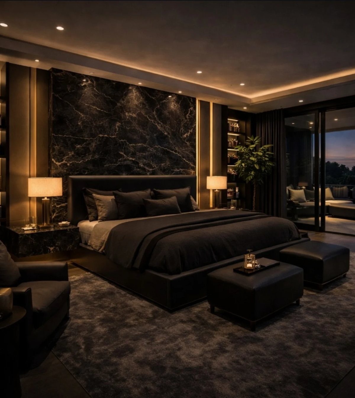Modern bedroom with black marble wall, dark grey bedding, and warm ambient lighting.