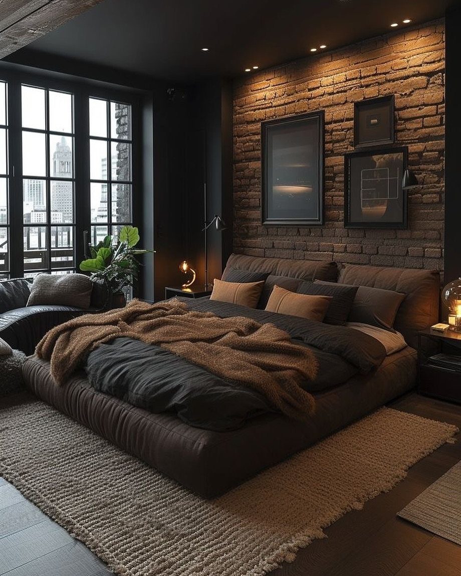 Bedroom with exposed brick wall, charcoal bedding, and black metal window frames.