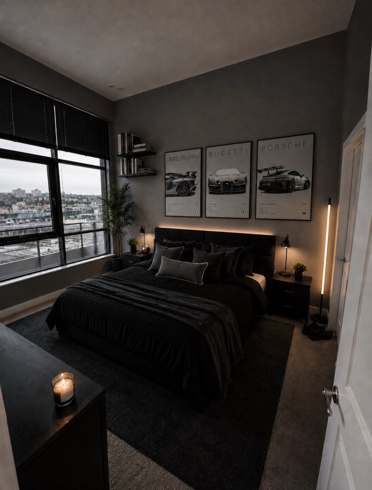 Modern bedroom with dark grey walls, black bedding, and framed car art posters.
