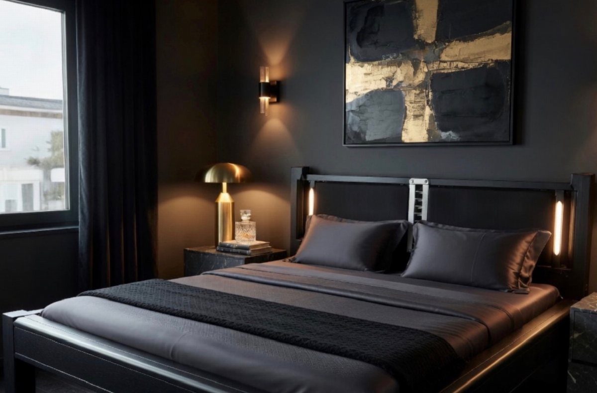 Modern bedroom with dark grey walls, black bed frame, and gold accent lighting.