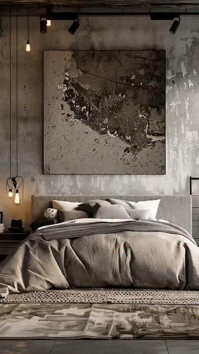 Modern bedroom with grey bedding, concrete walls, and large abstract grey artwork.