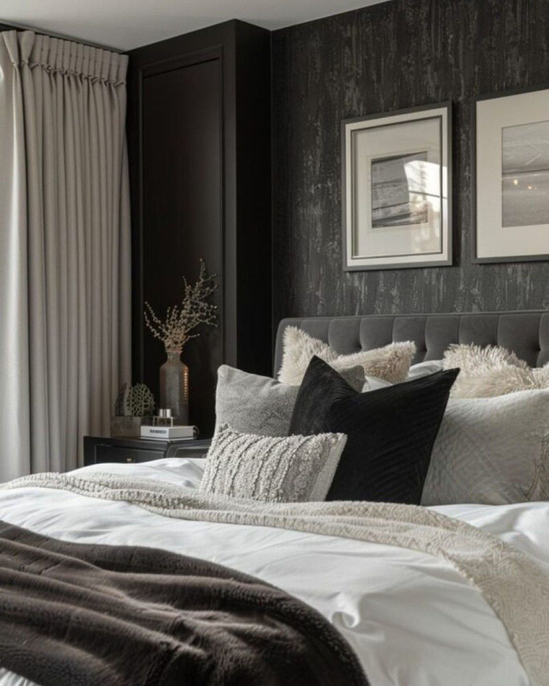 Layered grey and black bedding on a bed against a dark charcoal wall.