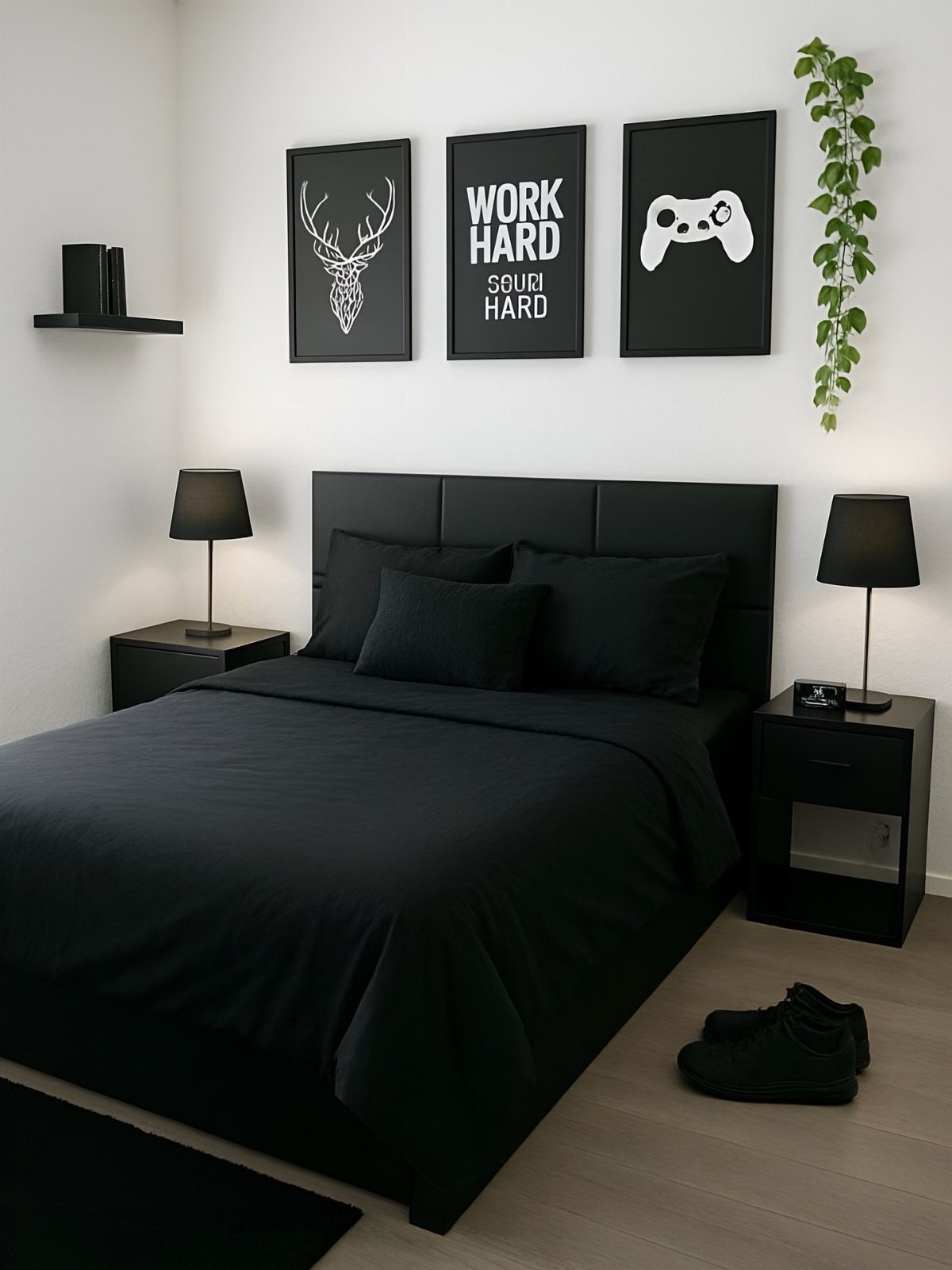 Black bed with matching bedding and lamps in a bright white bedroom