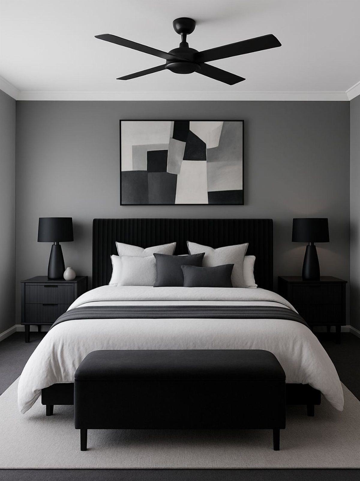 Modern bedroom with grey walls, black furniture, and white bedding with grey accents.