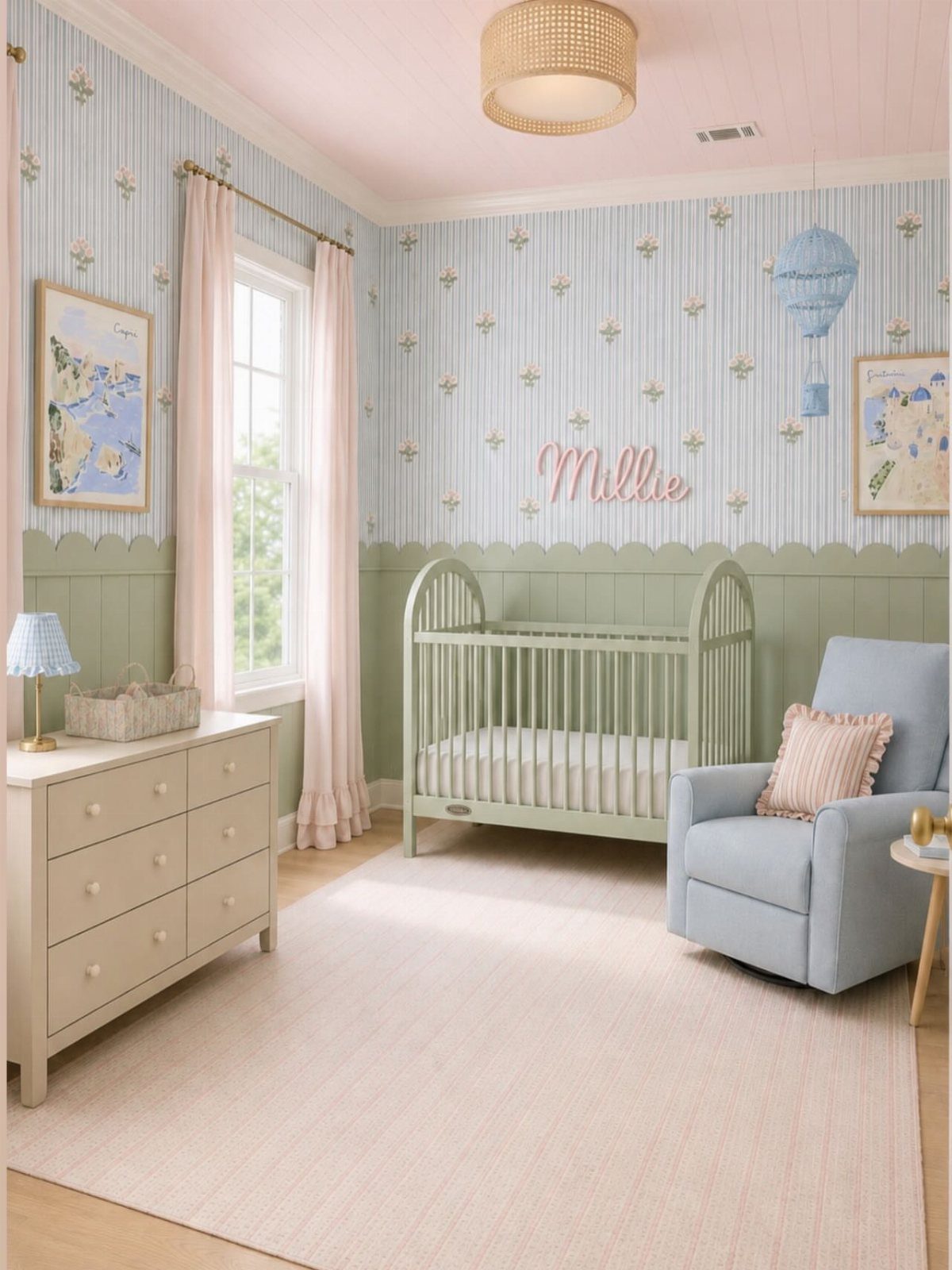 Nursery room with blue striped wallpaper, green crib, and light blue armchair.