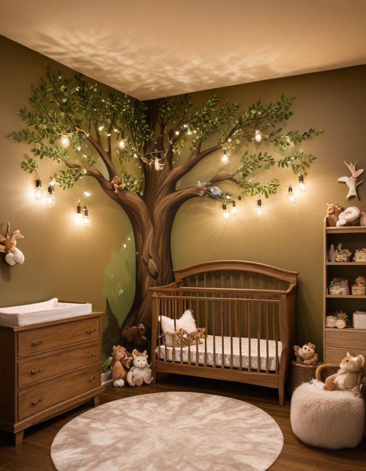 Nursery with olive green walls, a tree mural with lights, and wooden furniture.