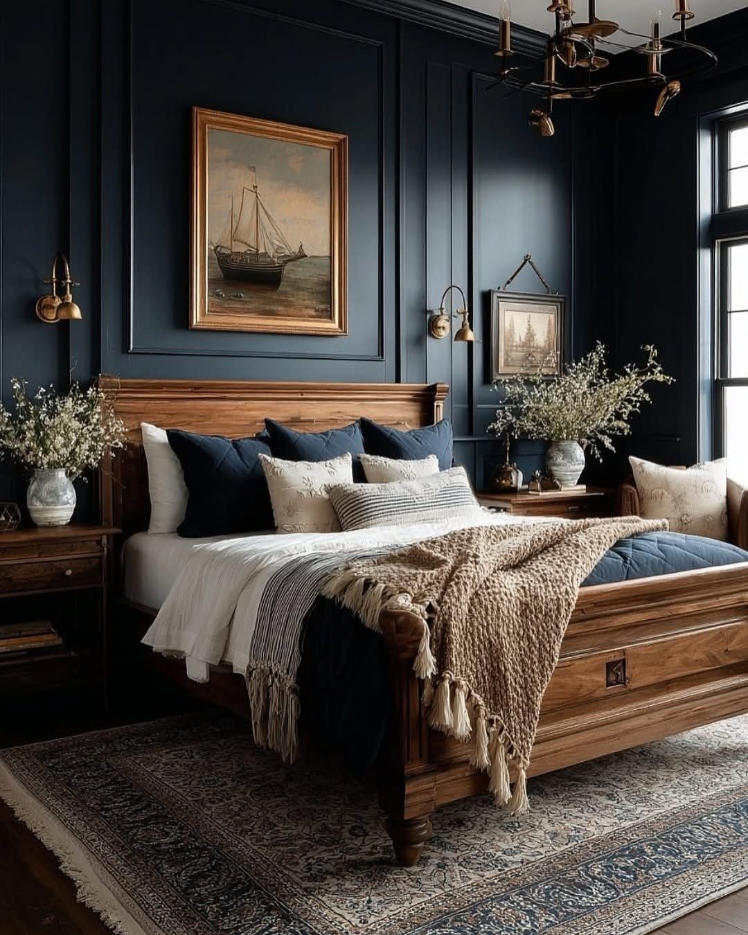 Dark navy blue paneled bedroom walls with a wooden bed and nautical art.