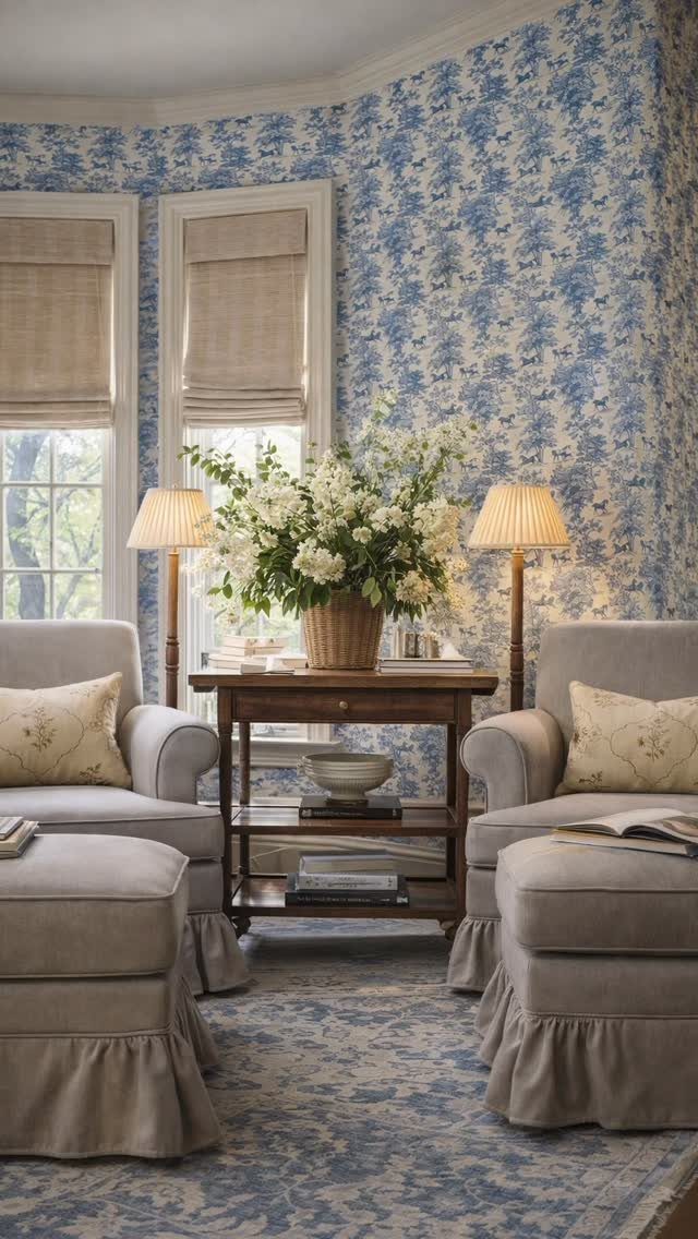 Two grey armchairs and ottomans in a room with blue floral wallpaper.