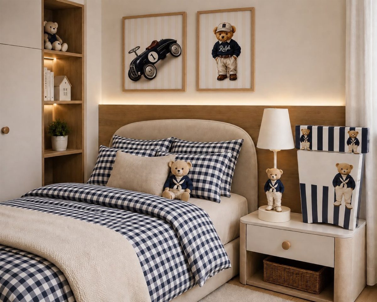 Blue and white checkered bedding on a bed with a beige headboard.