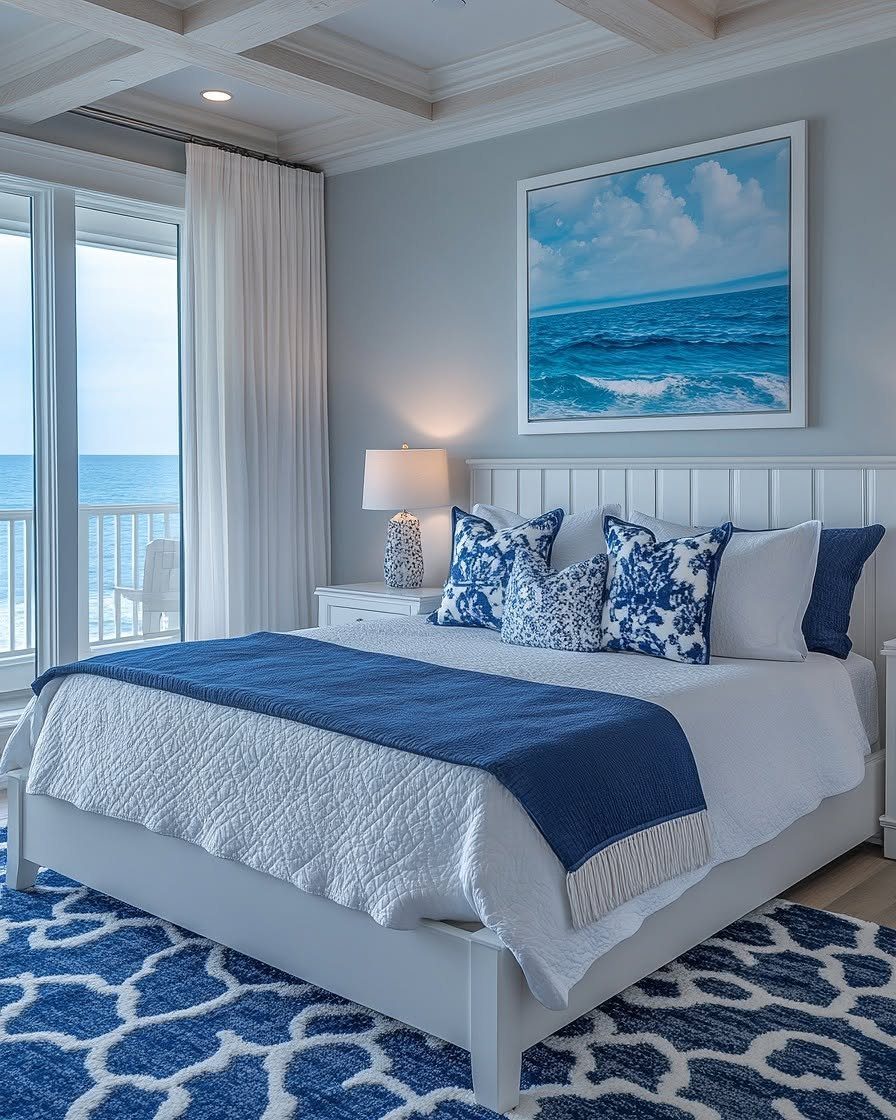 Blue and white bedroom with patterned pillows, a blue throw, and ocean artwork.