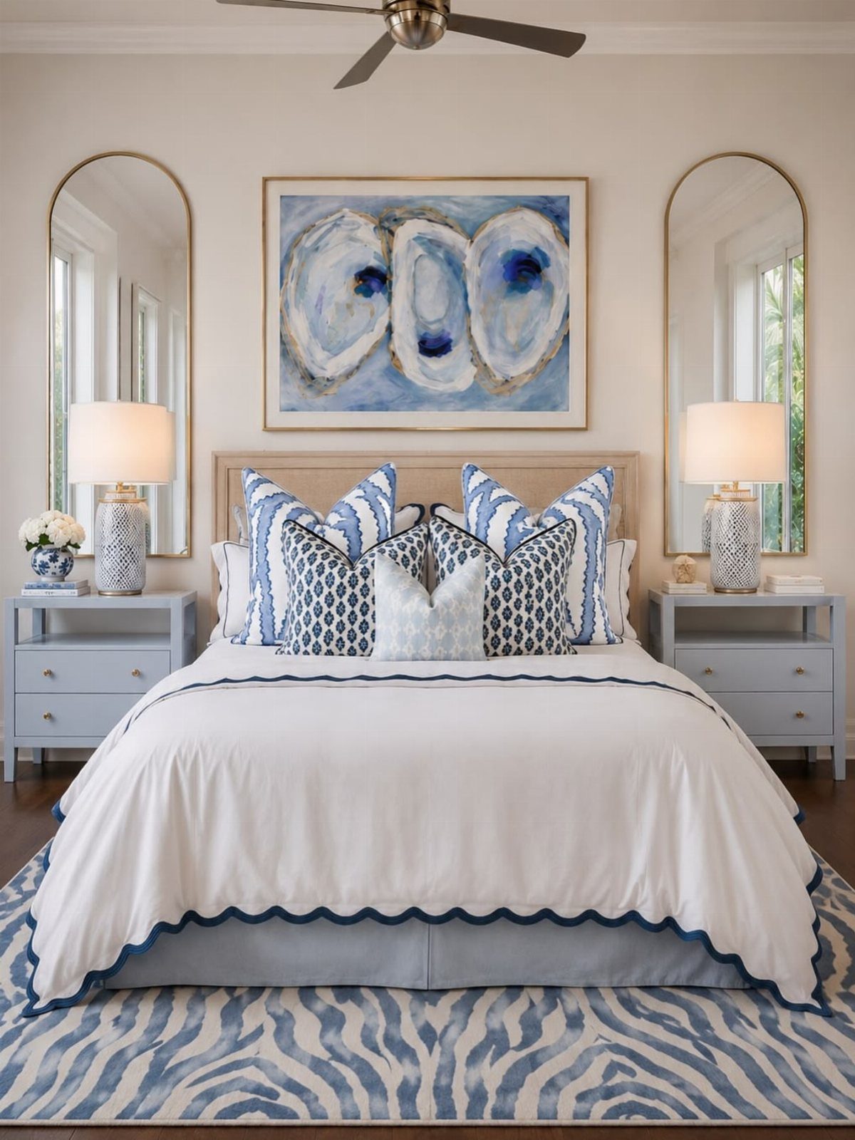 Bedroom with white bedding, blue patterned pillows, light blue nightstands, and abstract art.