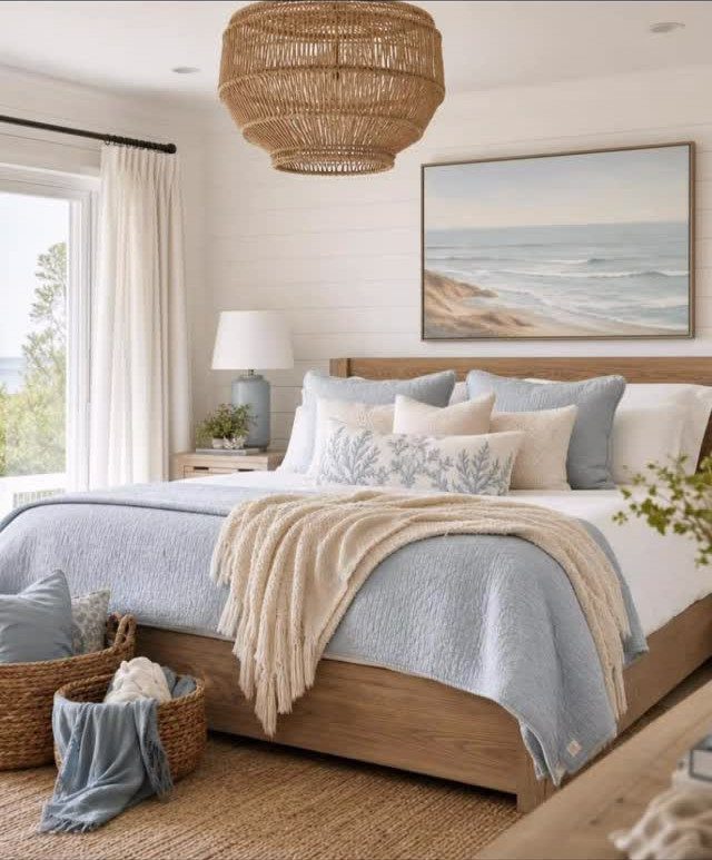 Light wood bed frame and woven light fixture in a blue and white bedroom