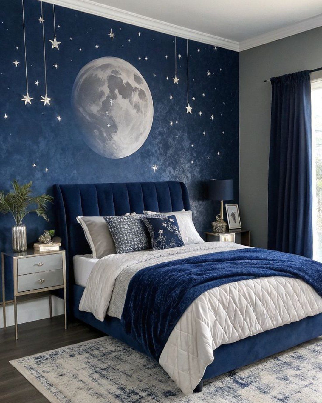 Navy blue accent wall with moon mural behind a velvet bed and white bedding