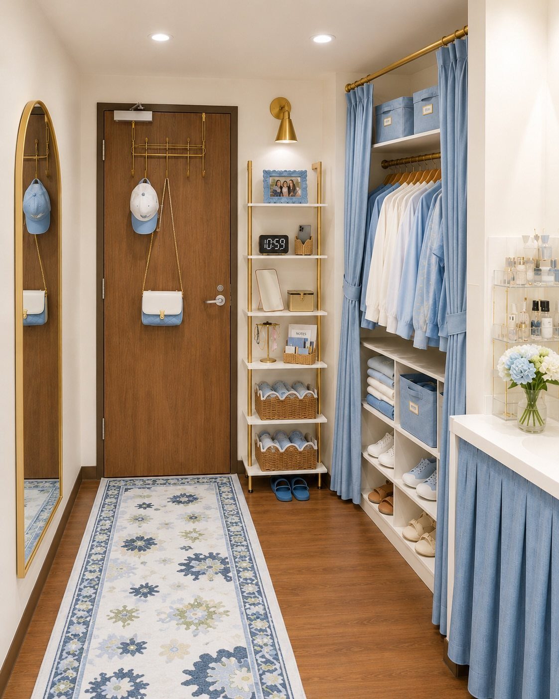 Blue themed room with a closet, shelving unit, and patterned blue runner rug.