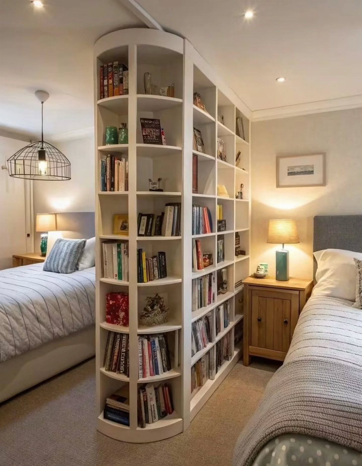 White curved bookshelf room divider separating two single beds in a bedroom