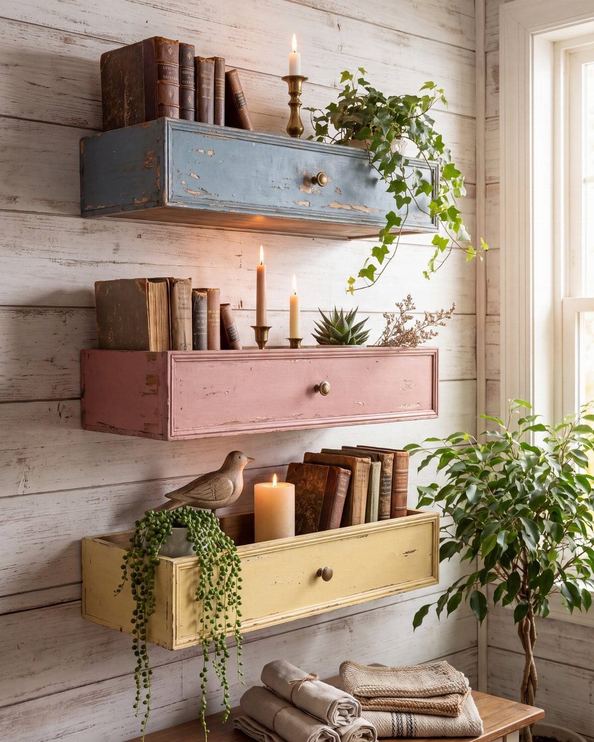 Three colorful rustic drawer shelves on a white wall holding books and plants.