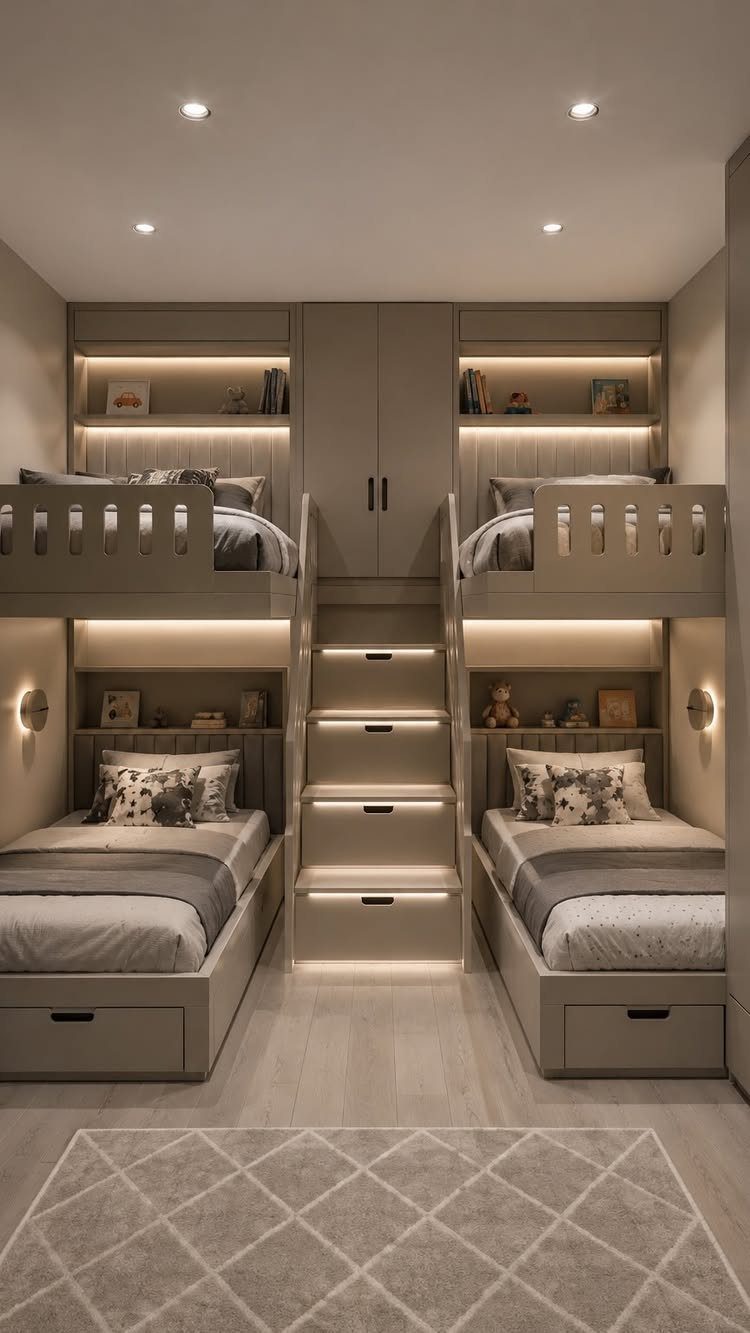 Built-in bunk beds with integrated under-bed storage drawers and central wardrobe staircase.