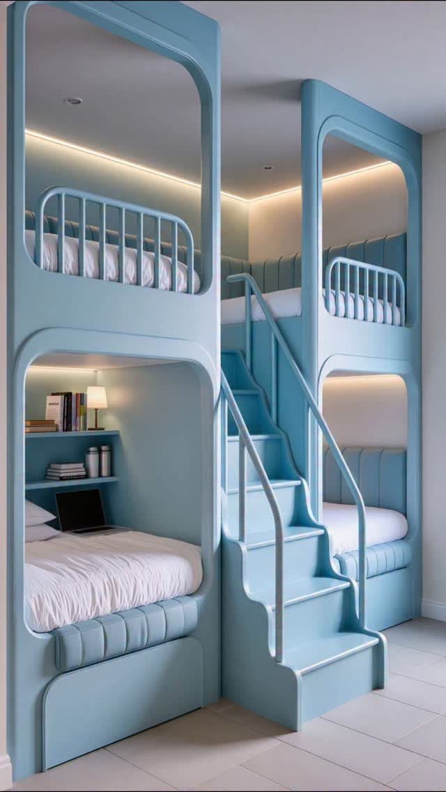 Light blue built-in bunk beds featuring a custom staircase with matching handrails.
