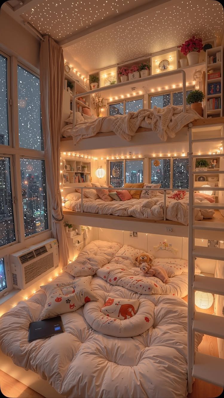 Three-tier built-in bunk beds with warm string lights and a starry ceiling projection.