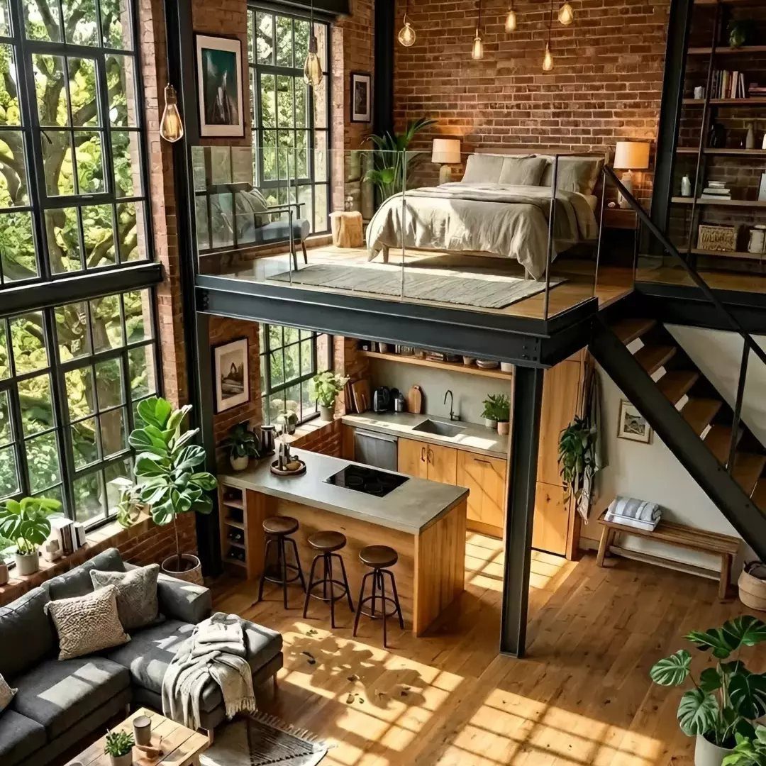 Industrial loft bed on a black metal mezzanine above a modern kitchen area