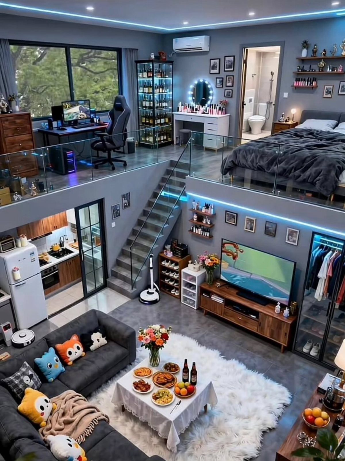 Modern studio apartment with a built-in loft bed and integrated living space.