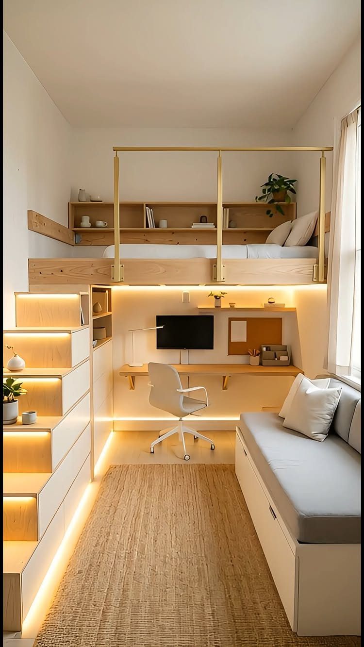 Solid wood built-in loft bed with integrated desk, sofa, and illuminated storage stairs.