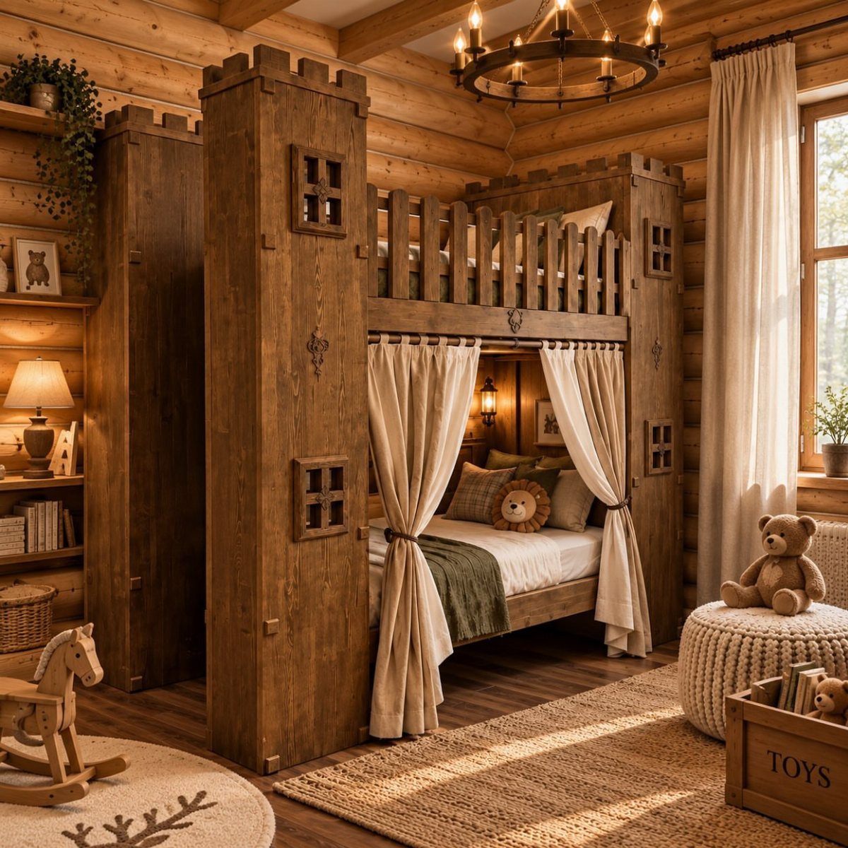 Wooden bunk bed castle fort with turrets and curtains in a log cabin room