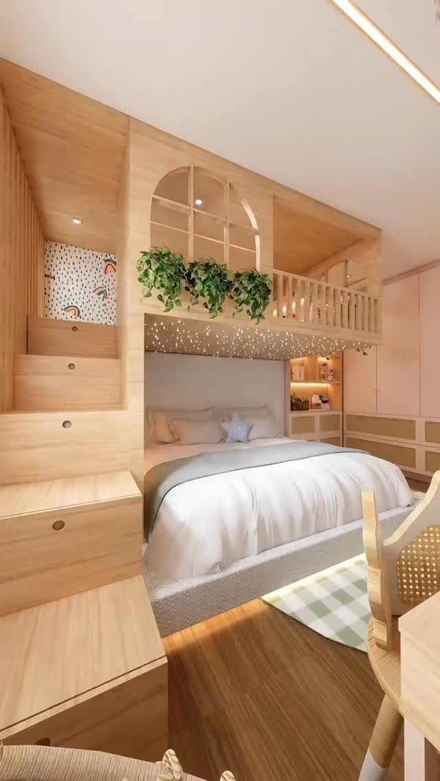 Wooden bunk bed with a cozy fort-like top bunk, fairy lights, and plants.