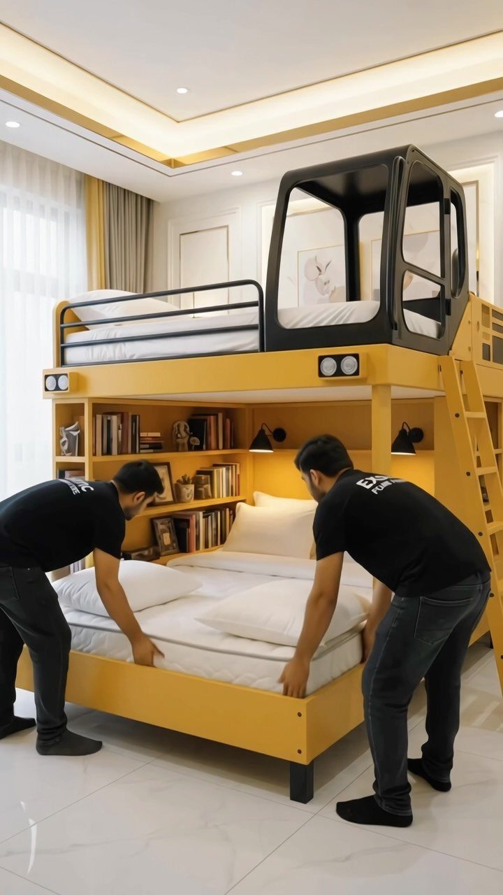 Yellow bunk bed with vehicle-themed top bunk being assembled by two men.