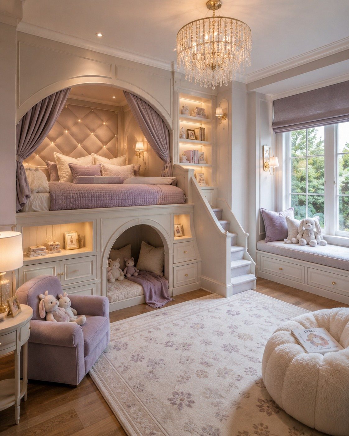 Elevated bed with a cozy arched reading nook underneath in a luxury bedroom