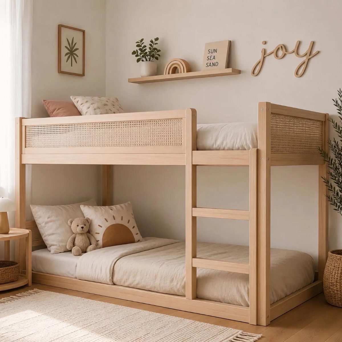 Wooden bunk bed with cane detailing and a cozy bottom bunk reading area.